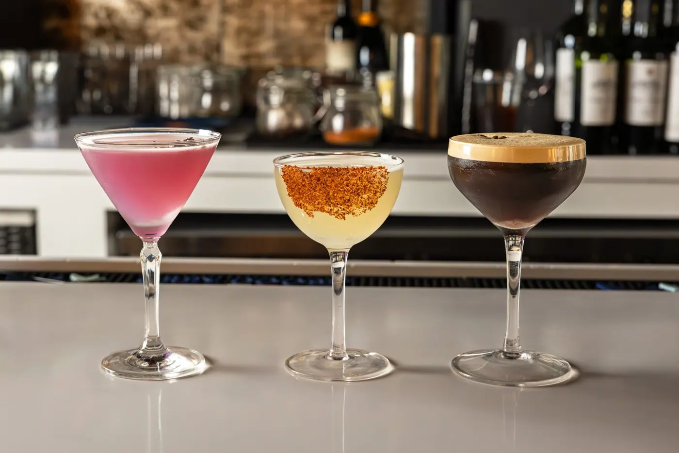 Cocktails lined up on the bar late in the evening